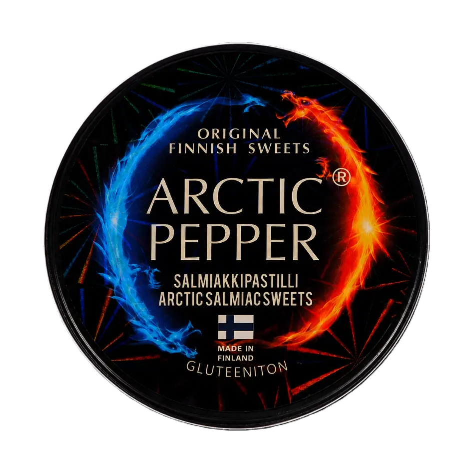 Arctic Pepper salmiakki pastilles in a candy tin