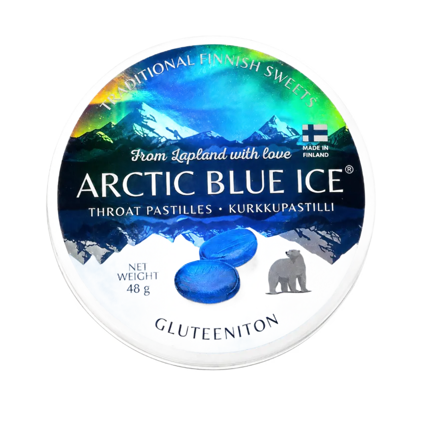 Arctic Blue Ice throat pastilles in a candy tin